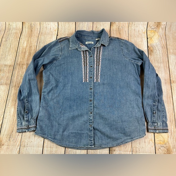 Orvis Tops - Women's ORVIS Button Up Embroidered Light Denim Shirt Long Sleeve Size Large